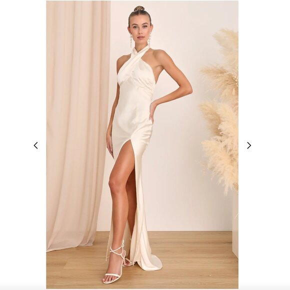 Lulus - Start of Forever Ivory Satin Halter Mermaid Maxi Dress - Picture 3 of 4